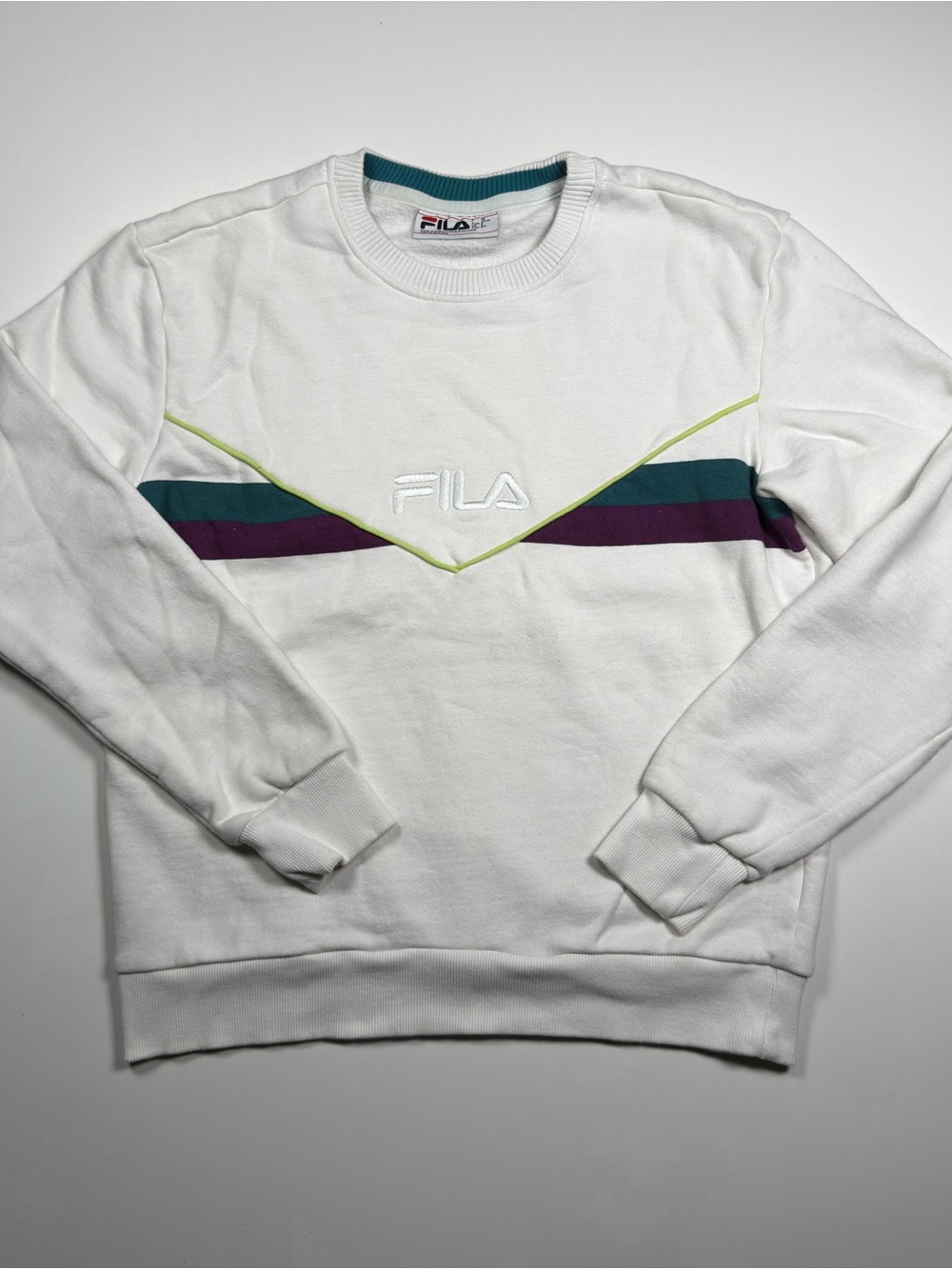 Fila White Crewneck Sweater with Teal Purple & Lime Accents Modern Retro style